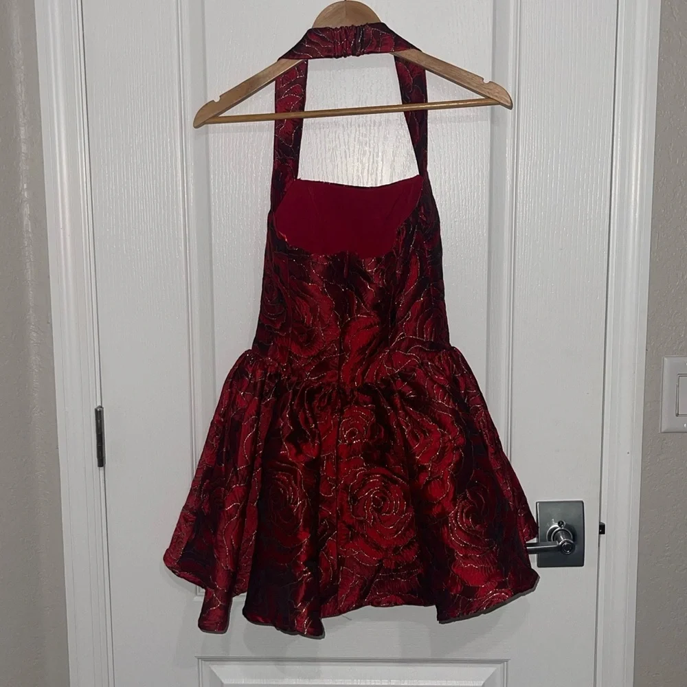 VIPER MINI DRESS lROSE PRINT $139 Elegant Red Halter Dress Textured Floral XS - Picture 6 of 12